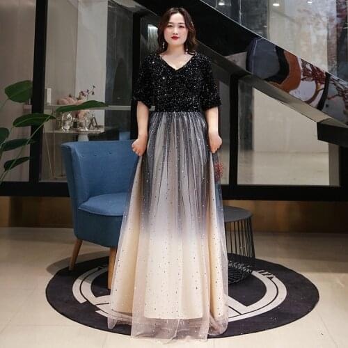 New Deep V-Neck Evening Dresses Ruched Half Sleeves Women Party Dress Zipper Back Sequins Elegant Plus Size Formal Gowns D398