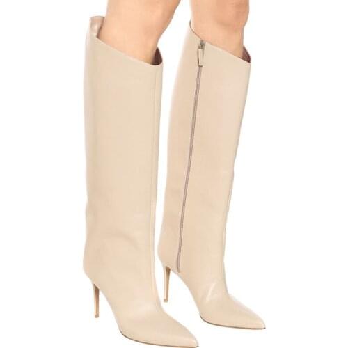 New Brand Shoes Woman Pointed Toe High Heel Side Zipper Knee High Boots Winter Fashion Pure White Long Boot Thin Heels Botas