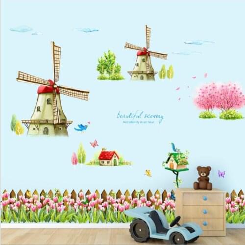 New wall stickers and pictures windmill tulip flowers creative living room childrens room wall decoration