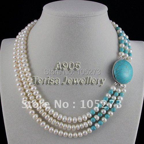 New Free Shipping A905# Grade AA 7-8MM 3Rows Length 43-48CM Fashion Clasp Blue Turquoises Fresh Water Pearls Necklace