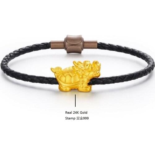Genuine 24K Yellow Gold Dragon-Turtle with Black Leather Bracelet Length from 5" to 15"