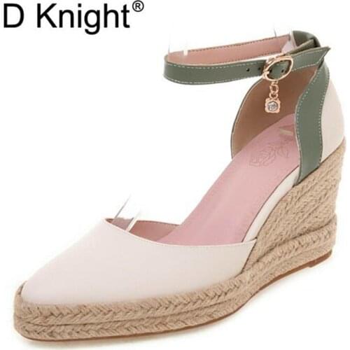 Size 32-44 White Platform Wedges Shoes Pumps Women High Heels Platform Shoes Pointed Toe Wedges Pumps Ankle Straps Wedges Heels