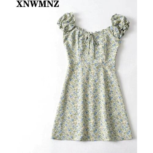 XNWMNZ 2021 Vintage Cap Sleeve Women Dress Chic Green Floral Print Chiffon Dresses Retro Vestidos Ladies summer dresses woman