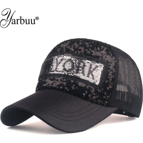 [YARBUU] New brand Sequins baseball cap hat for women men vintage dad hat NEW YORK letter outdoor sports net caps