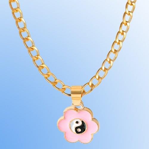 Y2K Jewelry Pink Flower Yin Yang Necklace for Women Metal Vintage Punk Harajuku INS Necklace Charms 90s Aesthetic Gifts New 2021