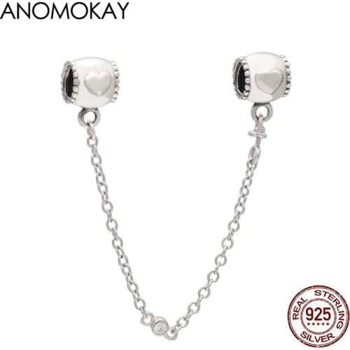 Anomokay Romantic Heart Clasp 925 Silver Safety Chain Link fit Bracelets & Bangles with One White Crystal