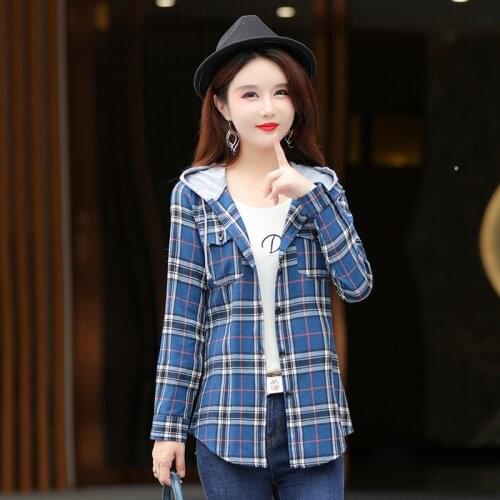 2021 Hooded Plaid Shirt Women New Causal Soft Comfort Long Sleeve Hip Hop Streetwear Harajuku Checkered Camisas Tops Blouse