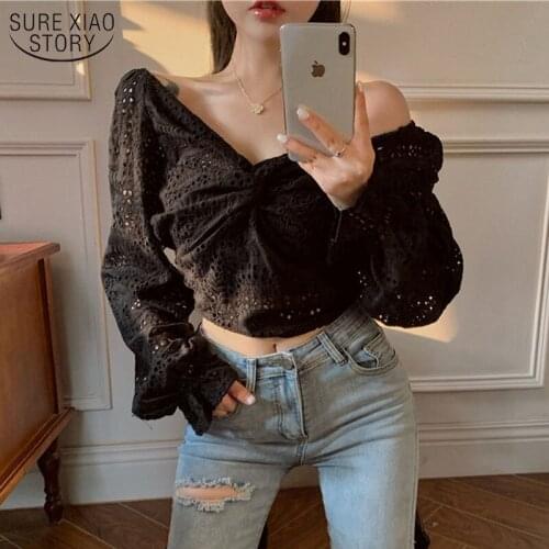 Black Lace Blouse Summer Hollow Out Elegant V Neck Shirt Sexy Embroidery Blouse Women Long Lantern Sleeve Tops Female 13213