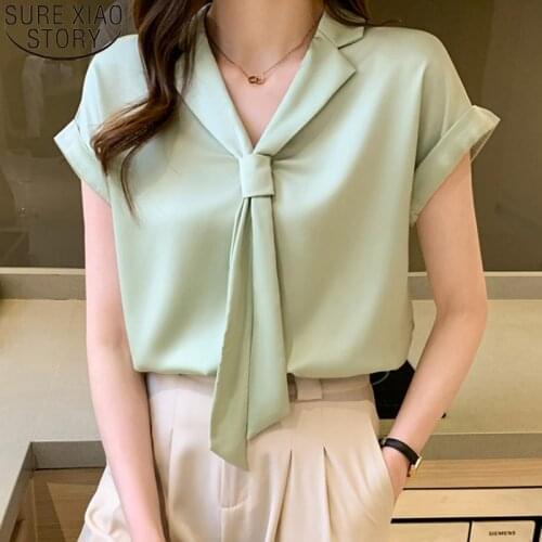 Office Lady Short Sleeve Chiffon Blouse Fashion Tie Shirt V-neck 2021 Summer Solid Loose Blouses Korean Women Tops Blusas 13926
