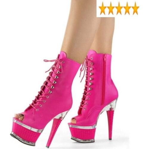 Super Women Sexy 17cm Heels Boots Platform Runway Peep Toe Lace Up Sandals Pu Leather Stage Show High Top Shoes