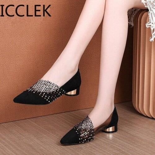 2020 Shoes Woman Summer Fashion Crystal Lace Dress Shoes Womens High Heels Sandals Square Heeled Pumps Ladies Shoes Size 34-40