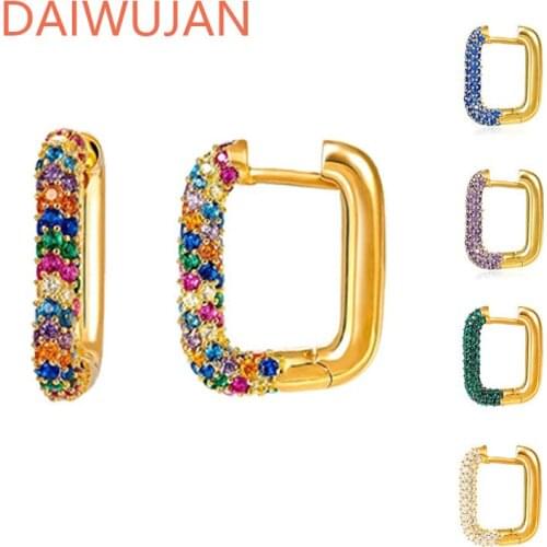 1PC 925 Sterling Silver Colorful Zircon Big Square Hoop Earrings For Women U Shaped Huggies Ear Buckles Loops Piercing Earrings