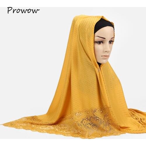 New White Red Yellow Crinkle Pleated Lace Floral Hijab Scarf Shawl Women Pearl Crinkle Muslim Head Hair Scarves Wraps W010