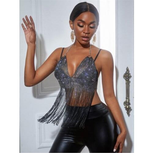 SRUBY Sexy see through Rhinestone halter corset crop top women summer party vintage tank top clubwear backless cropped women top