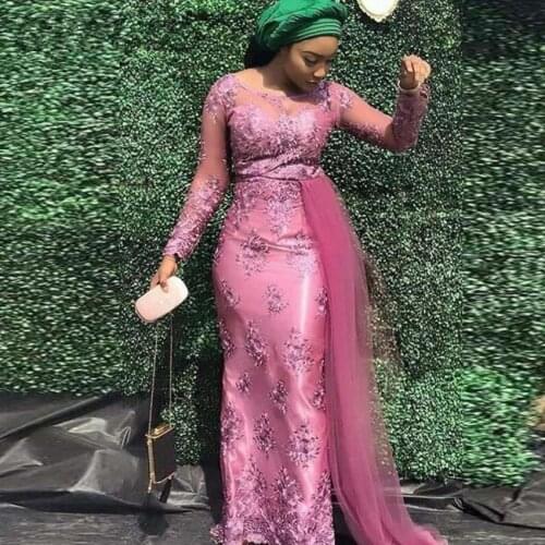 2020 Aso Ebi Fuchsia Lace Mermaid Prom Dresses With Tulle Elegant Full Sleeves Long African Prom Gowns Appliques Party Dresses