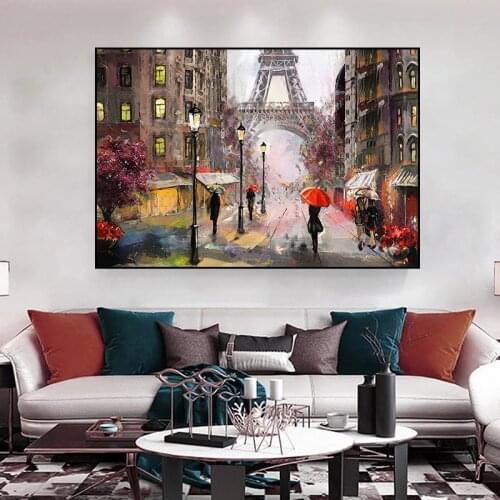 Abstract London Street Landscape Oil Painting On Canvas Print Wall Art Decoration Poster Lover Under the Red Umbrella Picture