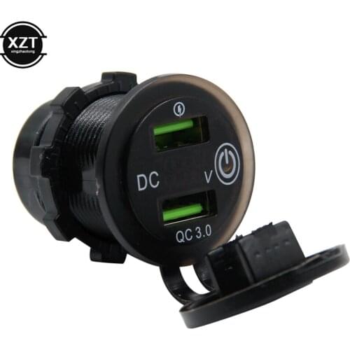 12V 24V QC 3.0 Dual USB Car Charger Waterproof 18W USB Outlet Fast Charge with LED Voltmeter Touch Switch Power Wiht Cable
