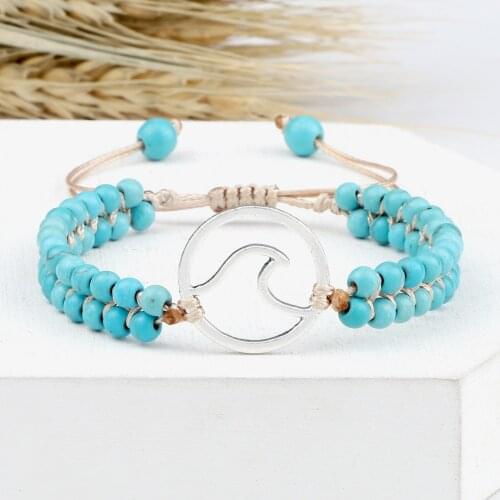 Boho Ocean Waves Bracelets Vintage Natural Stone Turquoises Tiger Eye Beads Bracelet & Bangle Women Men Yoga Wristchain Jewelry