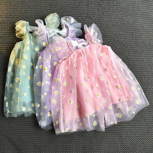 Summer Korean Style Baby Girl Children Kids Fashion Sweet Princess Style Daisy Backless Design Fluffy Gauze Dress
