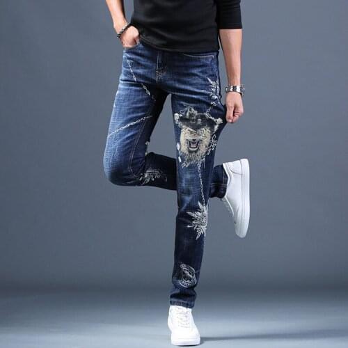 Men’s High Quality Printed Ripped Denim Pants,Luxury Style Slim-fit Washed Jeans,Youth School-days Casual Jeans,Fashion Must