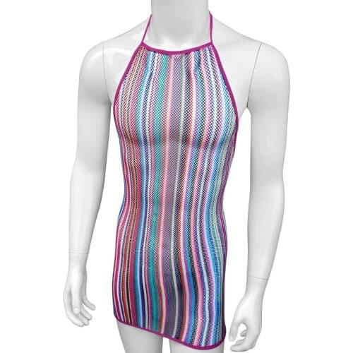 Erotic Sheer Sissy Dress Lingerie Striped Transparent Mens Sheath Dress High Elastic Sexy Clubwear Babydoll Low Cut Wetlook
