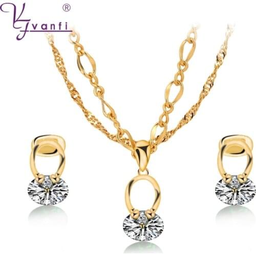 Kfvanfi Trendy Cute Layered Necklace Stud Earrings Jewelry Gold Color Green Crystal Stone Jewelry Set