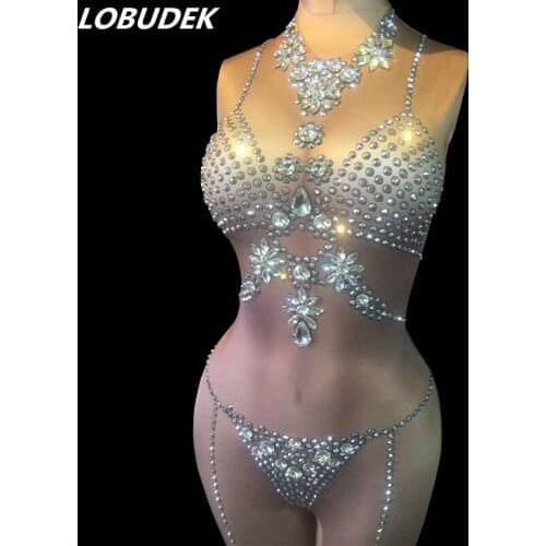 Sexy Skin Color Jumpsuit Silvery Crystals Stones Jumpsuits Nightclub Women DJ Stage Outfit Bar Party Show Pole Dancing Costume