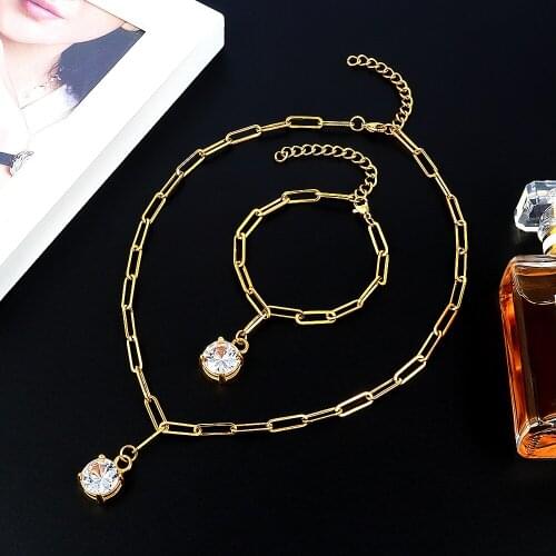 Fashion Jewelry Set Big Crsytal Charm Pendant Necklace Gold Link Chain Bracelet For Men Women Wedding Party Jewelry Set