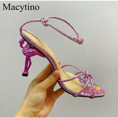 Summer ladies high-heeled sandals flamingo with round toe print high-heeled shoes fashion party high-heeled sandals