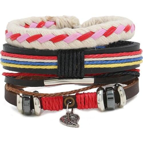 Fashion Hippie Women Cuff Bracelet Set Multilayer Weave Rope Leather Alloy Leaf Charm Wristband Bangle Wrap Fashion Boho Jewelry