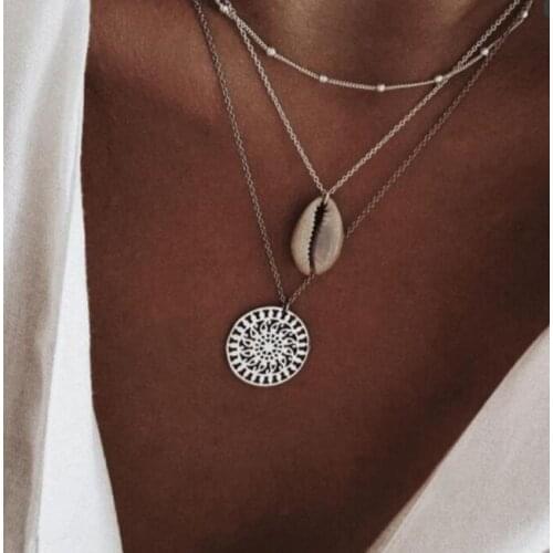 Docona Bohemian Shell Sun Flowers Pendant Necklace for Women Mutil-Layer Silver Color Geometric Hollow Clavicle Chain Jewelry