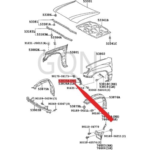 Right front fender to fender stay 1998-Toy ota LAN DCR UIS ER fender connecting frame, right front fender bracket