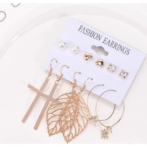 Stud Earrings Set Fashion Ear Hook Cross Leaf Pendant Rose Gold Color Vintage Metal Earring For Women Jewelry Accessories