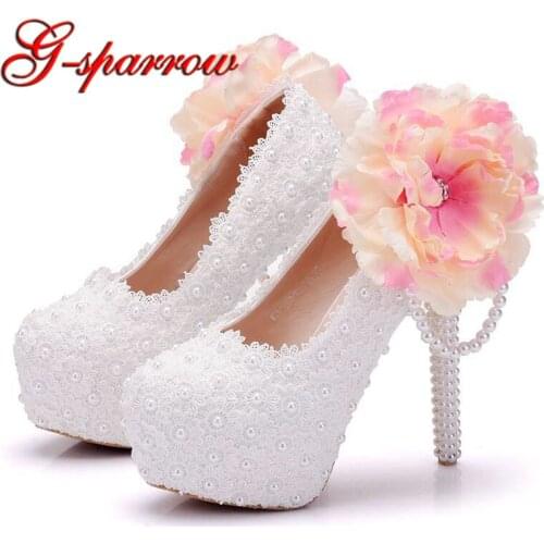 White Lace Round Toe Women Pumps Bombas para mujer 14cm High Heel Platform Wedding Party Shoes with Appliques Annversary Shoes