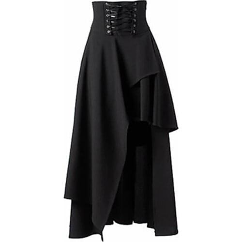 Womens Long Skirt Female Irregular Lace-Up Black Skirt New Punk Rock Retro Clothing Gypsy Solid Colors Black Skirt WOMEN