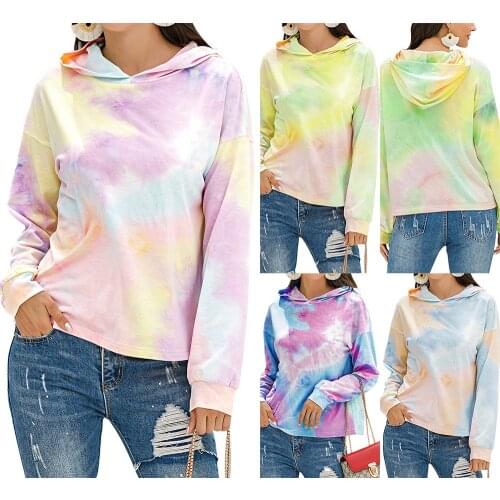 2020 Tie-dye Printed Gradient Color Hooded sweatshirt Women Casual Loose Round Neck Tie-dye Pullover Long Sleeve Plus Size Top