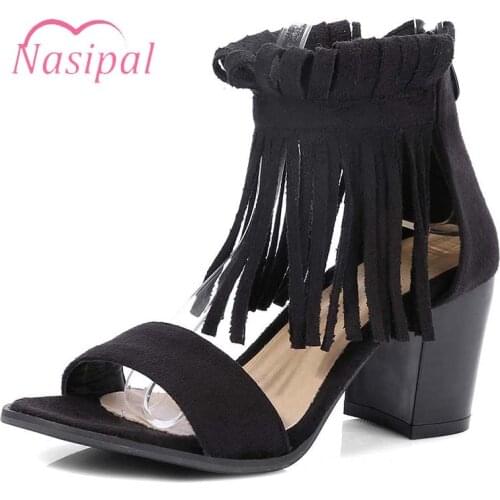 Lasyarrow Summer Sandalias Femininos Black White Big Size 32-43 Chunky Heel Shoes Open Toe Gladiator Bohemia Tassel Sandals Q186