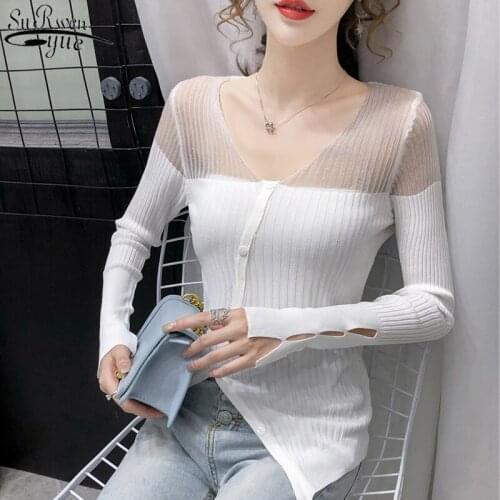 Female cardigan Autumn Wool Sweater Super Breathable Hollow Sunscreen V-neck Korean Slimming Long Sleeve Womens Cardigans 10601