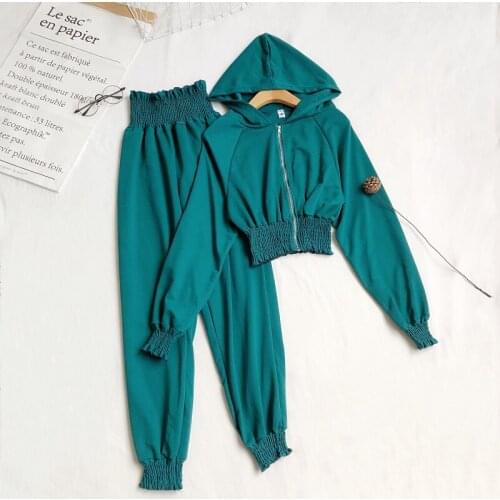 HISUMA Autumn Women Lantern Sleeve Ruffles Cardigan Zipper Short Hoodies Pants Set Elegant Lady Elastic Cotton Slim Waist Suits