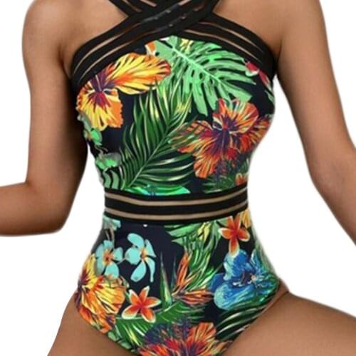 Womens Sexy Leaves Flower Printing Swimsuit Classic Sleeveless High Waist Playsuit Tight V-neck Romper