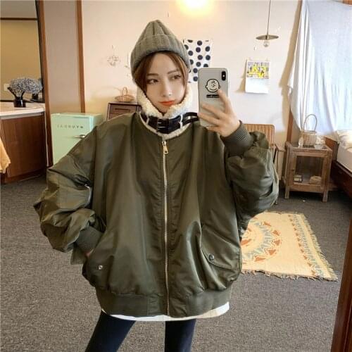 Women Cotton Coat Winter Lamb wool Jackets Short Oversized Loose Thicken Warm Zipper Overcoat ArmyGreen black Parkas Coats