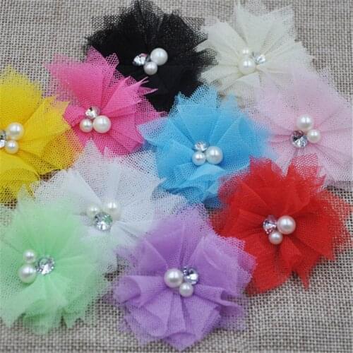 10PCS Mesh Ribbon Flowers Bows W/Beads Rhinstone Appliques Craft Lots B260