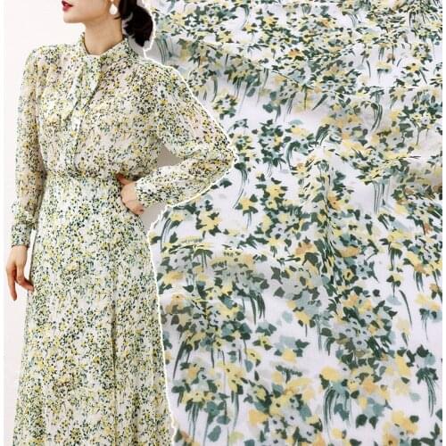 145cm Width Fashion Yellow Small Floral Printed Georgette Chiffon Fabric For Woman Dress Blouse Pants DIY Cloth Sewing Material
