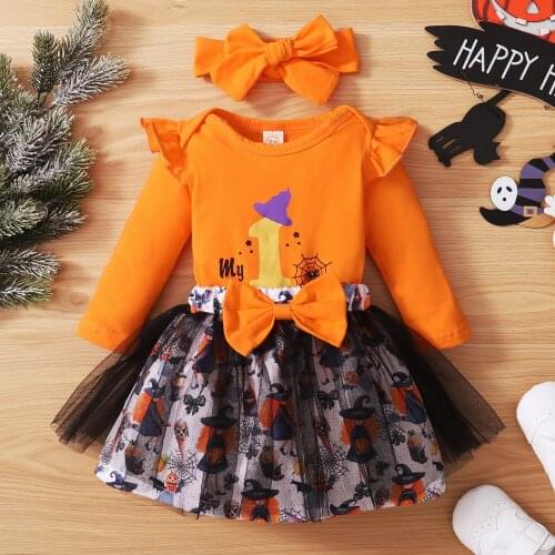 0-18M Baby Girls My First Halloween Outfits Letter Print Long Sleeve Romper + Tulle Skirt + Headband 3Pcs Autumn Clothes Set
