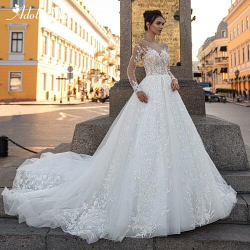 Adoly Mey Luxury Beading Long Sleeve Bride A-Line Wedding Dress Gorgeous Scoop Neck Appliques Court Train Princess Bridal Gown