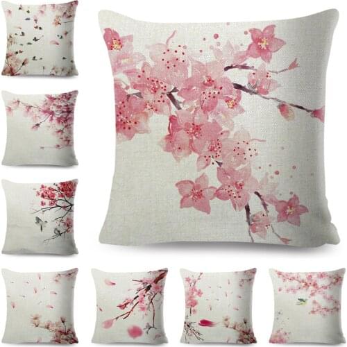 Watercolor Pink Peach Blossom Cushion Cover Decor Cartoon Plant Tree Pillow Case for Sofa Home Car Polyester Pillowcase 45x45cm