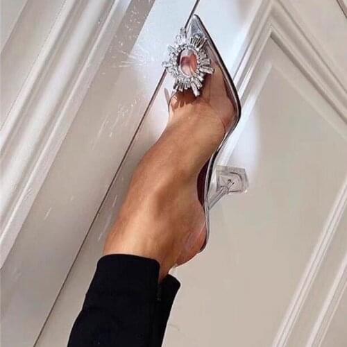 Glitter Rhinestone Embellished Women Pumps Clear PVC Transparent High Heels Shoes Woman Pointed Toe Wedding Bridal Pumps Sandal