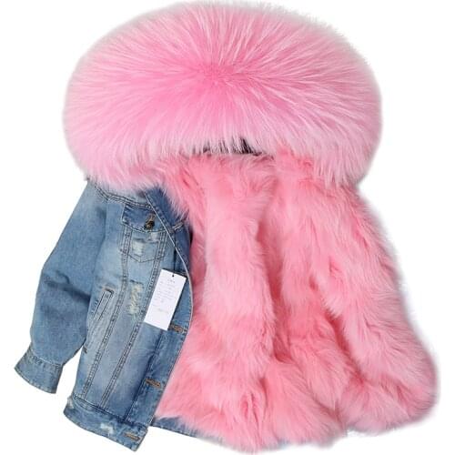 Maomaokong denim jacket natural fox fur lined jacket coat