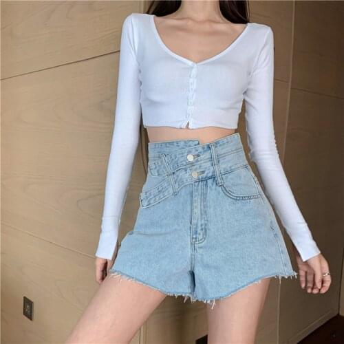 High Waist Summer Denim Womens Shorts Irregular Straps Buttons Short Female Pocket tassel A-Line Loose Wide Leg Blue Jeans Pant