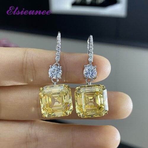 ELSIEUNEE 100% 925 Sterling Silver Asscher Cut Created Moissanite Citrine Gemstone Drop Earrings Wedding Engagement Fine Jewelry